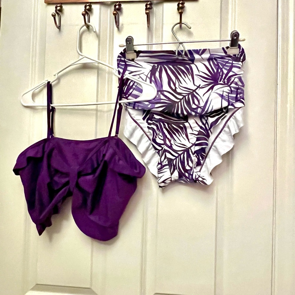 Two piece bikini bathing suit - purple and white